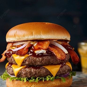 Double cheeseburger with bacon, lettuce, and onions.