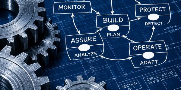 Blue blueprint with engineering gears and flowchart boxes.