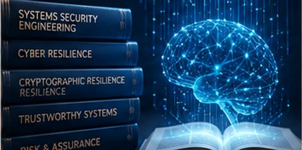 Books on security and resilience beside a digital brain hologram above an open book.