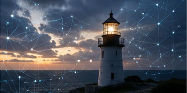 Lighthouse at sunset with digital network overlay.