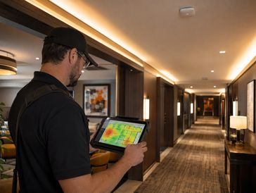 Technician performing a Wi-Fi site survey in a hotel corridor