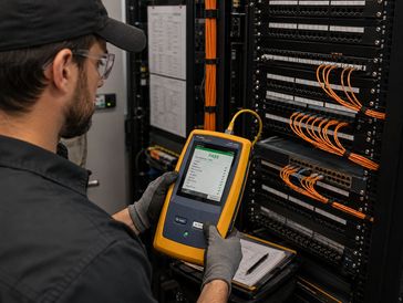 Technician testing and certifying structured cabling in a commercial network rack
