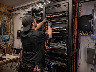 Technician upgrading cabling and equipment in an existing network closet