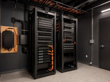 Completed commercial MDF network room with organized racks and structured cabling