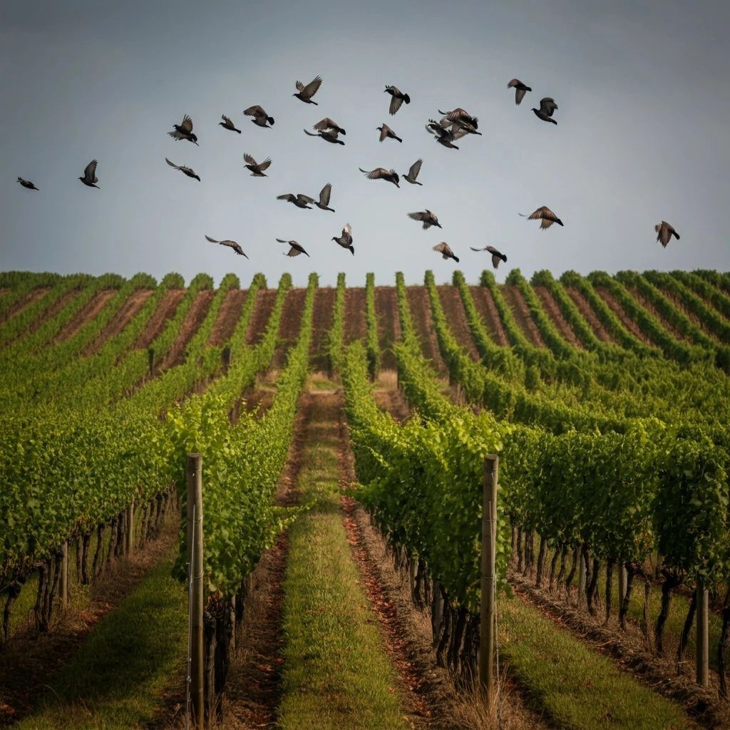 A flock of birds flying over a green vineyard under a clear sky.