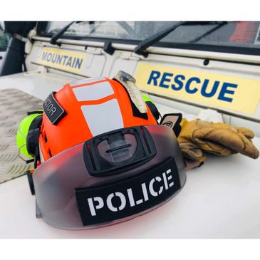 Mountain Rescue Landrover and helmet with laser cut  reflective POLICE patch. G4H Rescue 