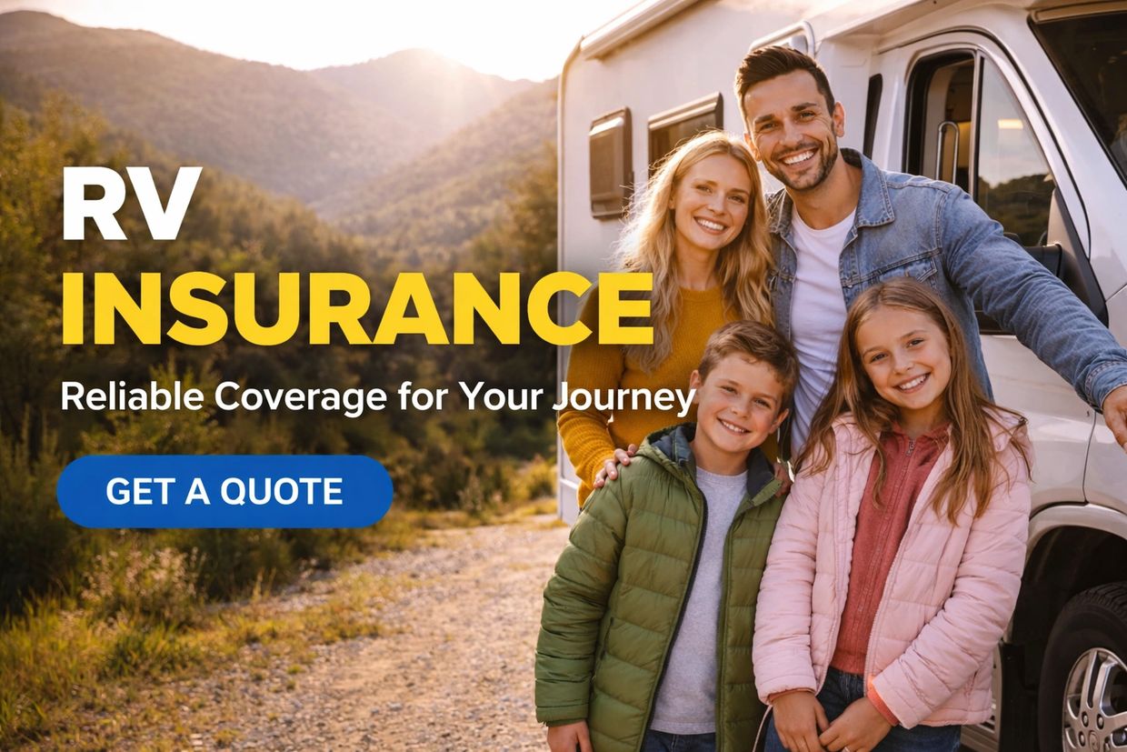 Smiling family standing beside an RV with mountains in the background, ready for adventure.