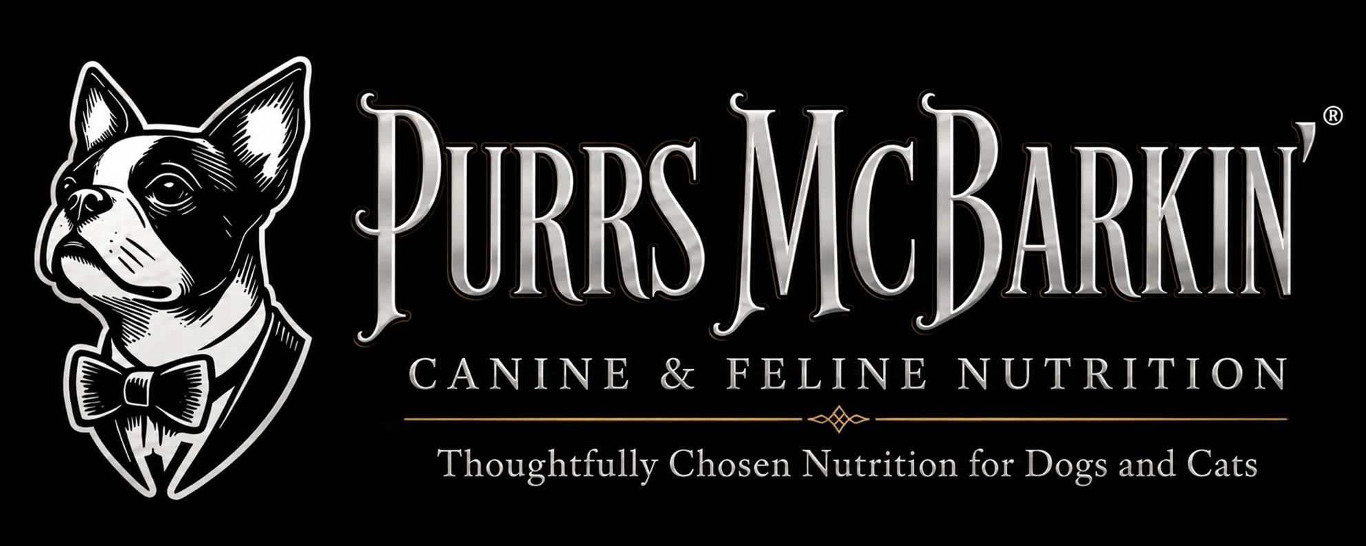 Purrs McBarkin’ Canine & Feline Nutrition logo featuring a black and white tuxedo dog illustration