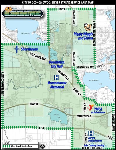 Oconomowoc Service Area map for transporting seniors age 60+ and ambulatory disabled adults.