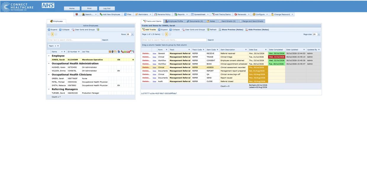 NHS employee management dashboard showing employee details and task tracking.