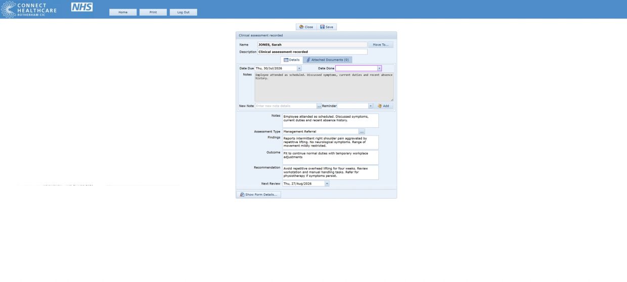 Screenshot of a clinical assessment form for Sarah Jones from Connect Healthcare NHS.