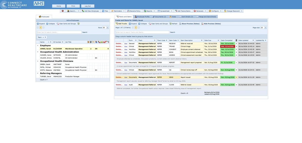 NHS employee management interface showing Sarah Jones' occupational health tracks and status.