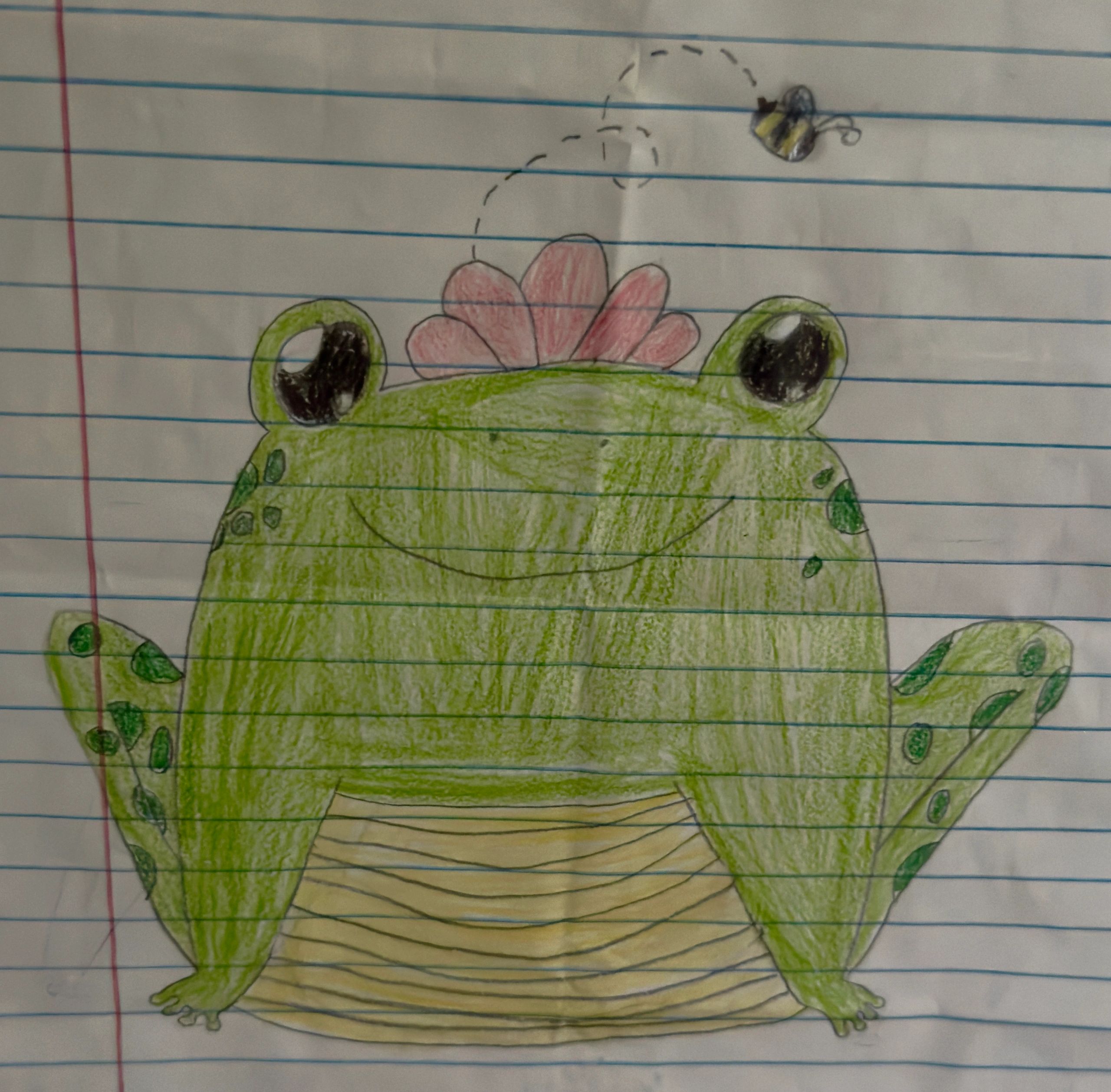 Childlike drawing of a smiling green frog with a bee hovering above it.