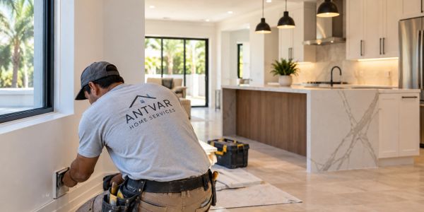 Worker installing outlet in modern kitchen.