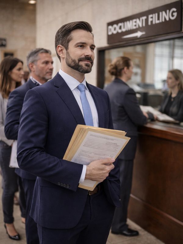 A man in a suit holding documents in line at a document filing office. waiting to file an eviction