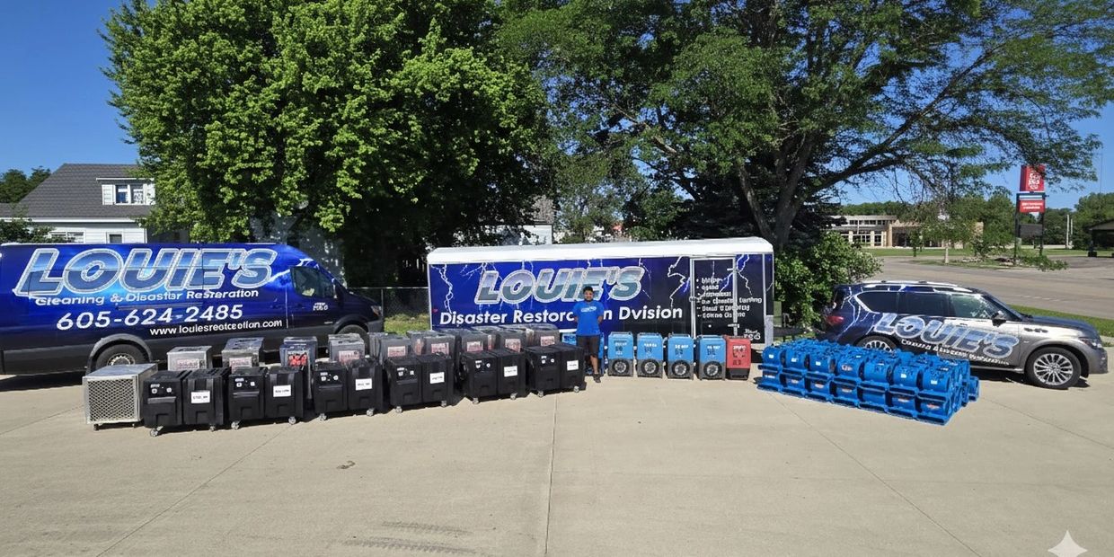 Louie's Disaster Restoration vehicles and equipment lined up outdoors on a sunny day.