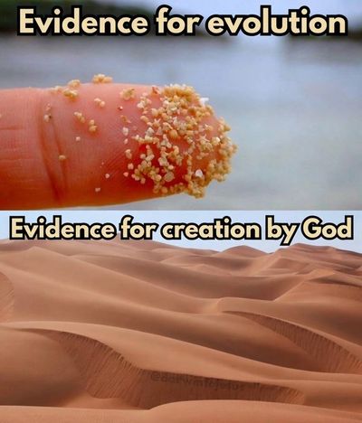 Comparison of sand grains on a finger and vast desert dunes symbolizing evolution and creation.