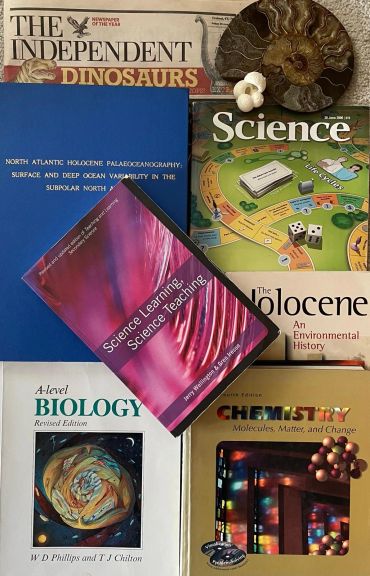 Dr Ellison science textbooks and a published work in Science and The Independent newspaper