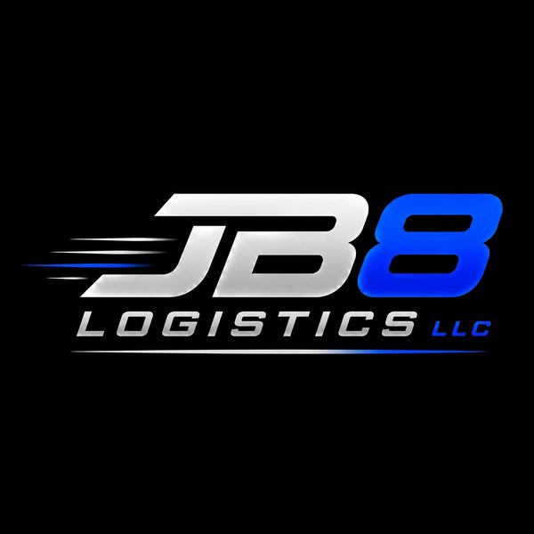 Sleek JB8 Logistics LLC logo with metallic and blue accents on black.