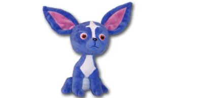 Blue and pink plush toy dog.
