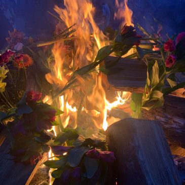 Fire burning with flowers around it.