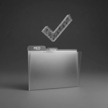 A translucent folder labeled MED TECH with a digital checkmark above it.