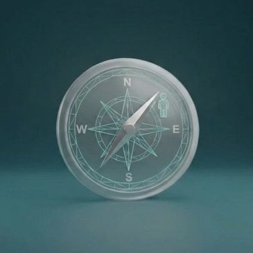 Transparent compass with a person icon pointing northeast on a teal background.