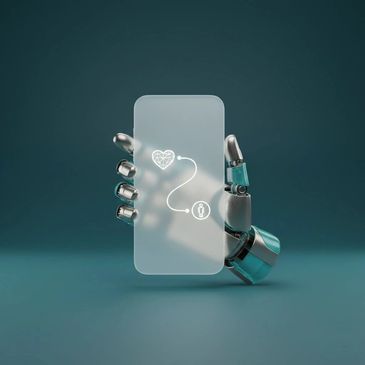 A robotic hand holds a transparent screen with a glowing heart and user icon connected by a line.