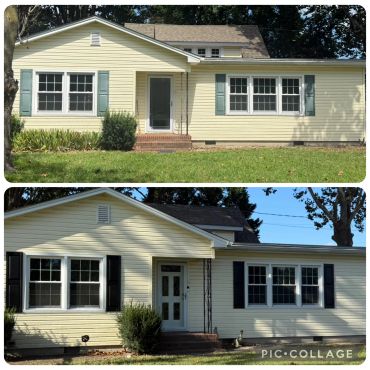 Before and after view of a house exterior with updated shutters and door.