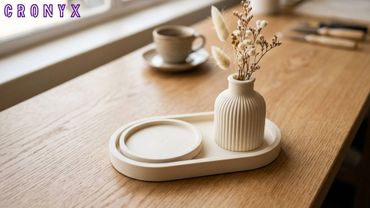 Minimalist ceramic vase with dried flowers on a wooden table by a window.