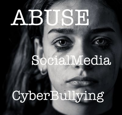 Black and white photo of a tearful woman with words addressing abuse and cyberbullying.