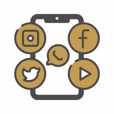 Smartphone surrounded by social media icons in gold and black.