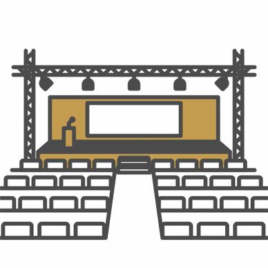Illustration of a conference stage with seating and lighting setup.