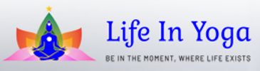 life in yoga logo. be in the moment where life exists. a purple blue vipasanna human in lotus flower