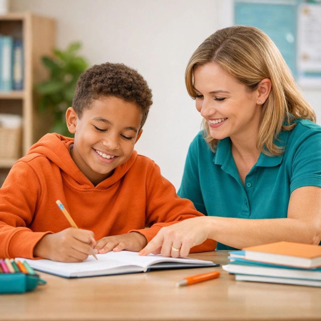 Tutor helping a young boy with his homework, both smiling.