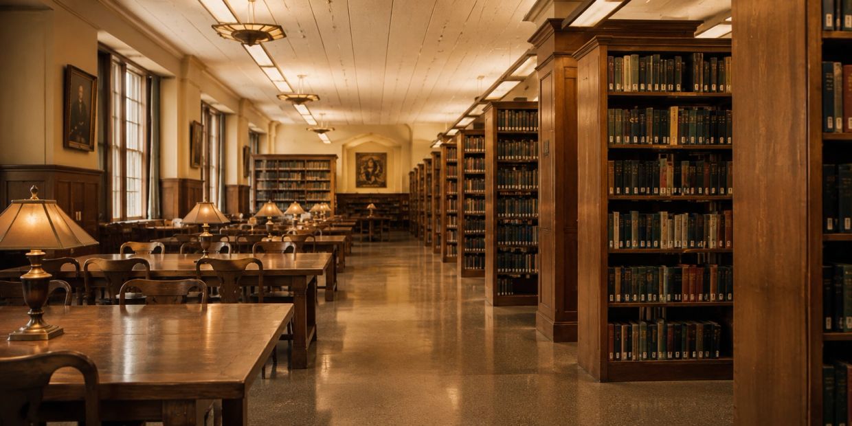 Cozy vintage library with wooden shelves and tables.