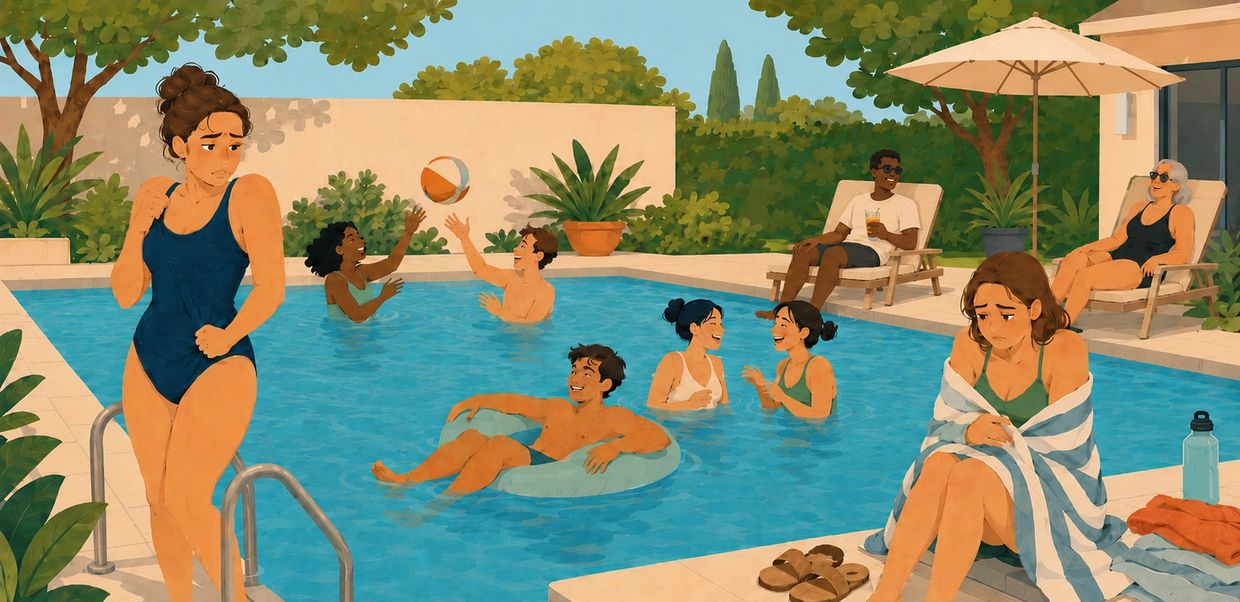 Two girls by the pool look sad while others enjoy swimming and chatting.