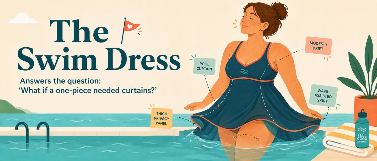 Illustration of a woman wearing a swim dress with privacy and modesty features by a pool.