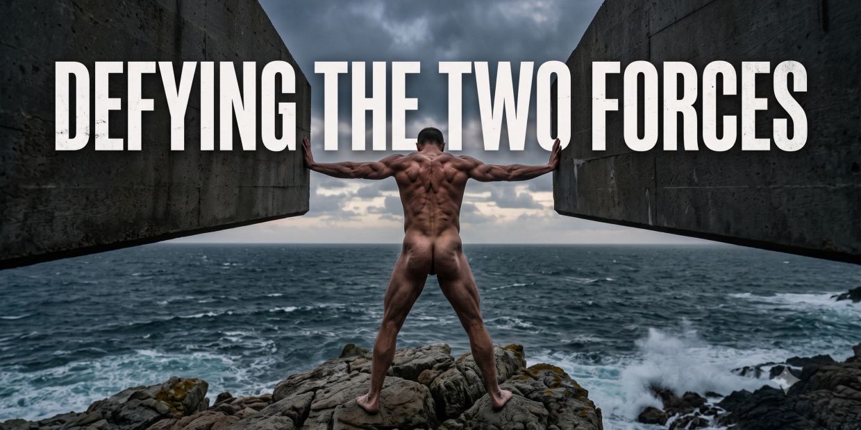 A muscular man pushing against two concrete blocks by the sea.