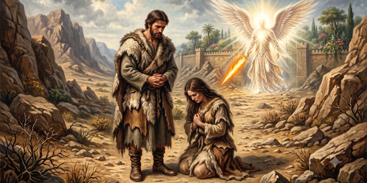 A glowing angel guards a gate as a praying couple in fur clothes kneels.