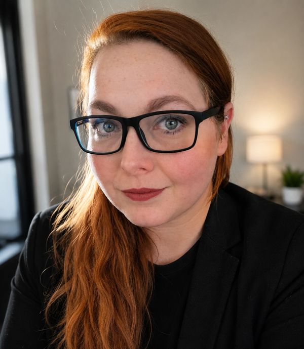 Close-up of a confident woman with red hair and glasses in a black blazer.