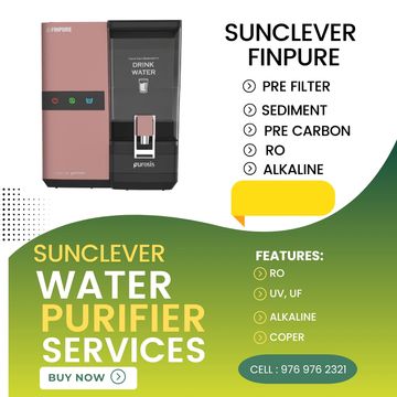 SunClever Finpure water purifier with multiple filtration features and contact details.