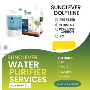 Sunclever Dolphin water purifier with multi-stage filtration and contact info.