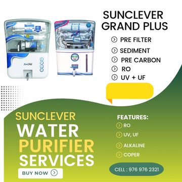 Sunclever Grand Plus water purifier with multi-stage filtration and service contact.