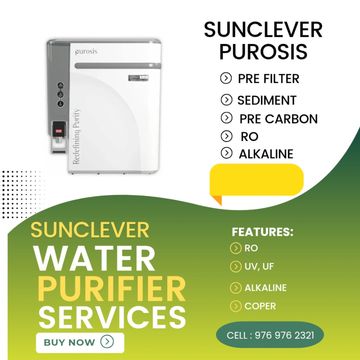 Sunclever Purosis water purifier with multi-stage filtration and contact info.