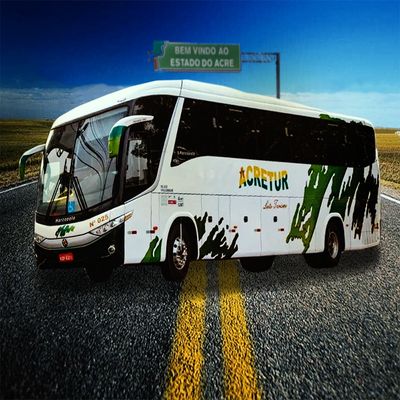 A white bus with green accents on a road near a sign welcoming to Acre state.