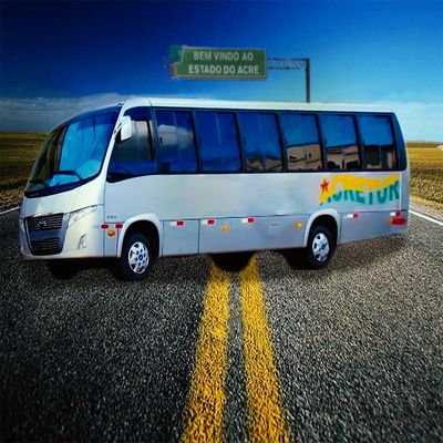A bus blocking a road near a sign welcoming to Acre state.
