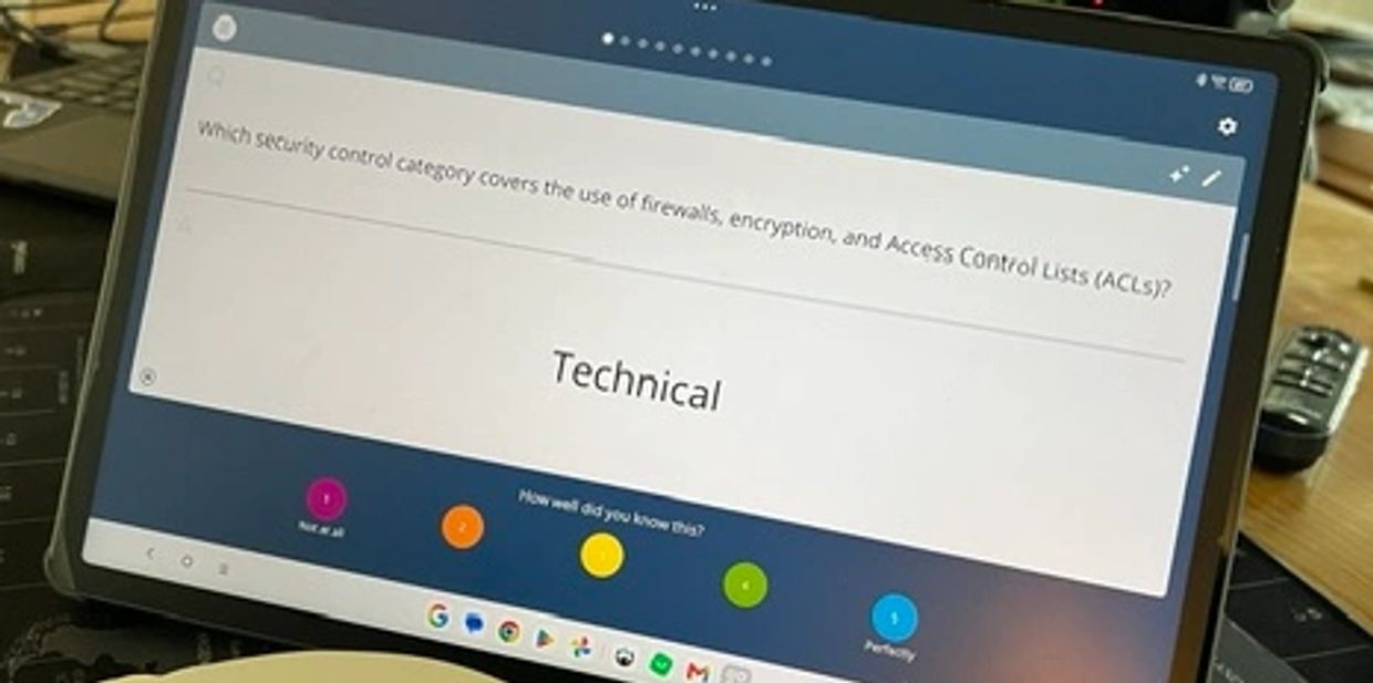 Tablet screen showing a security control category question with the answer 'Technical'.