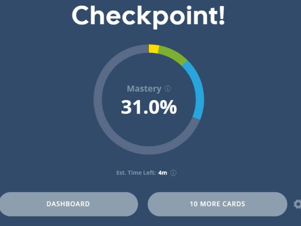 Learning checkpoint showing 31% mastery with options for dashboard or more cards.