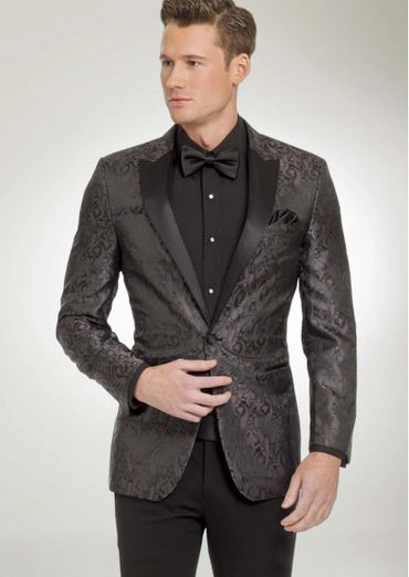All black tux, Jacquard jacket with black bow tie, pocket square, shirt and slacks